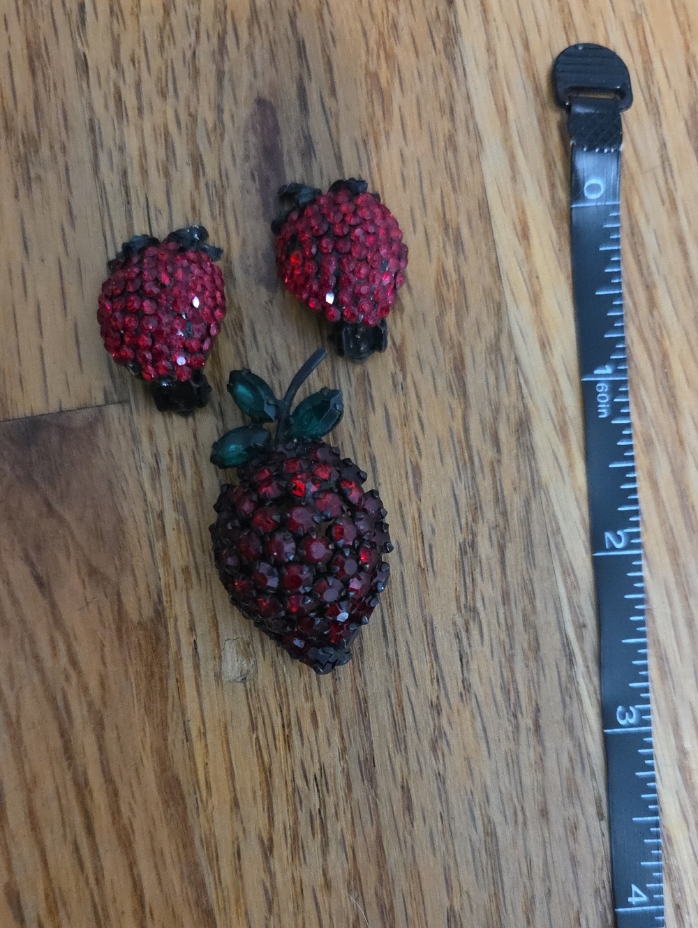 Vintage Red Rhinestone Strawberry Brooch & Clip Earrings Set